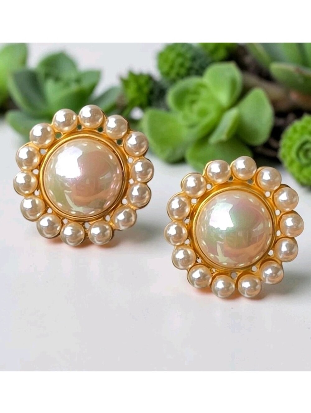 Vintage Large Lustrous Faux Pearl Cabochon Halo Clip On Earrings Statement